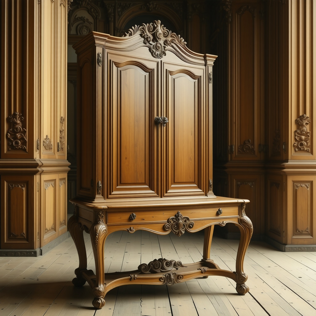 3D scanner capturing detailed textures of antique wooden furniture for restoration