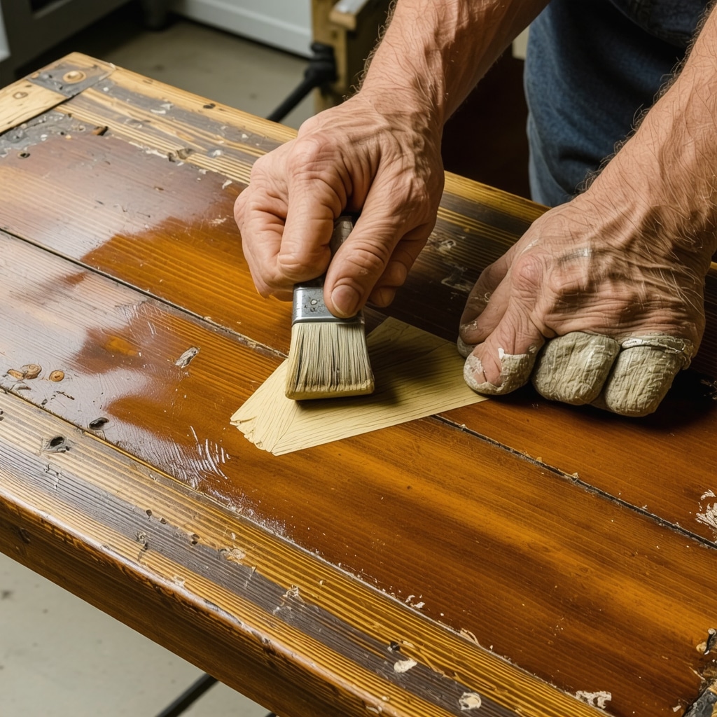Close-up of hands applying a biobased finish on antique wooden furniture during restoration