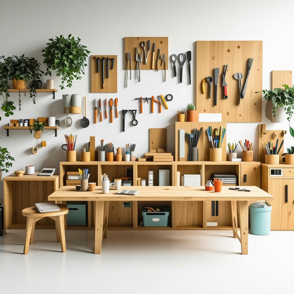 Workspace with advanced sustainable DIY projects, modular furniture, eco-friendly materials, and collaborative makers