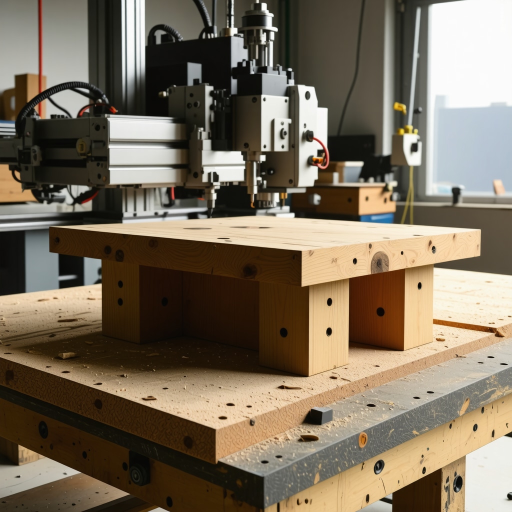 Workshop scene with CNC router and UV varnish application on wooden furniture