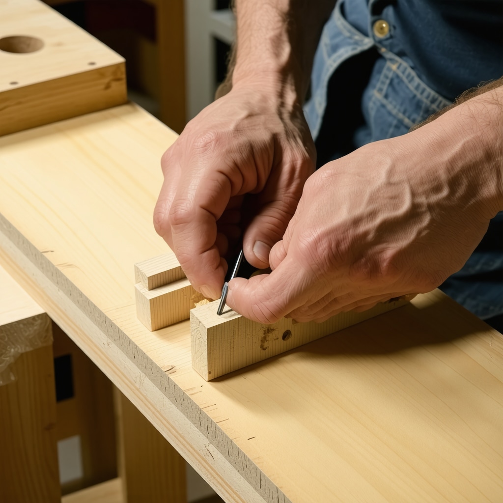 Hand eines Tischlers bei der Bearbeitung einer Schwalbenschwanzverbindung aus Holz