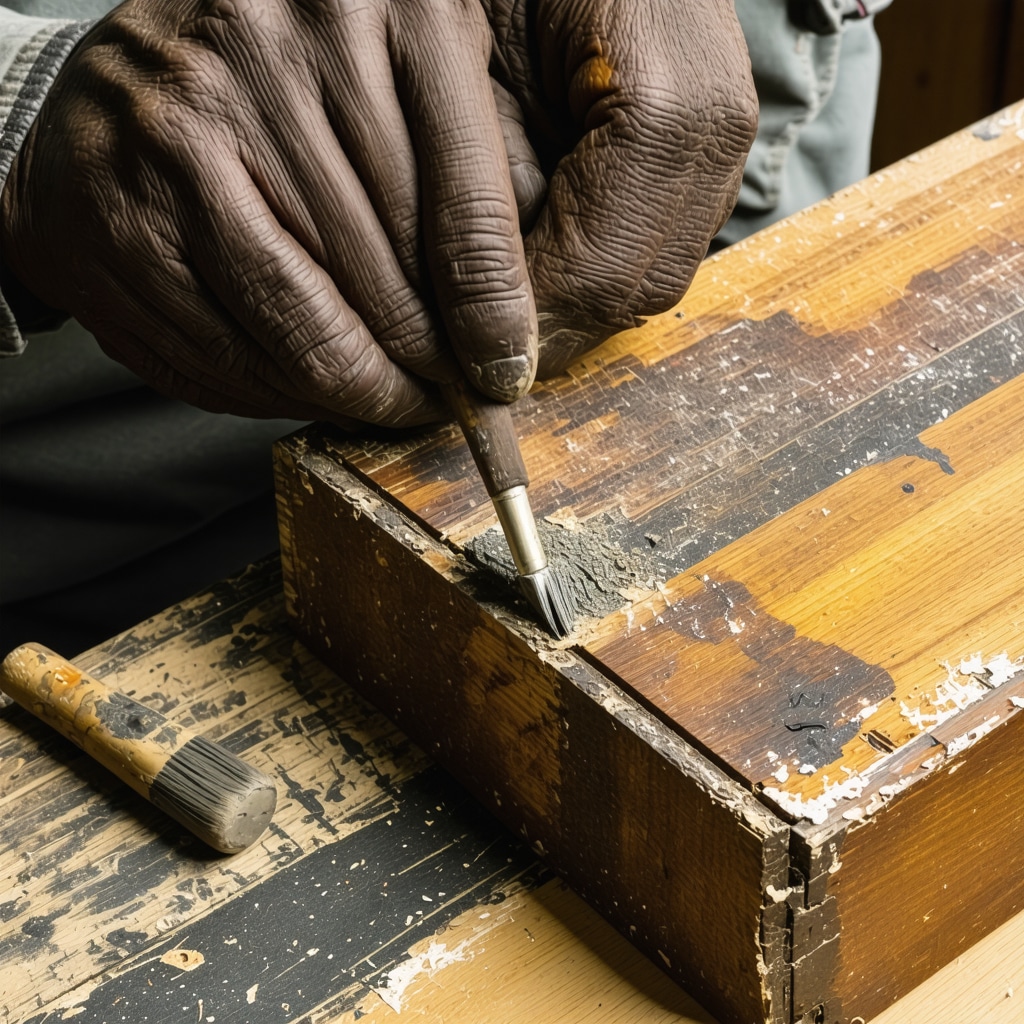 Craftsman applying epoxy resin to restore antique wooden furniture joint with precision and traditional tools