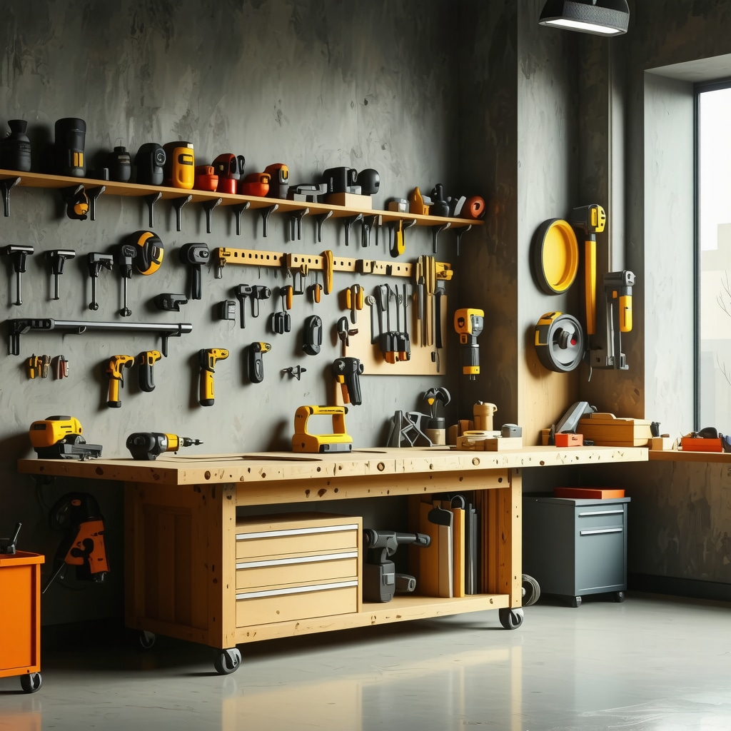 Moderne DIY-Werkstatt mit ergonomischem Arbeitsplatz und Werkzeugen