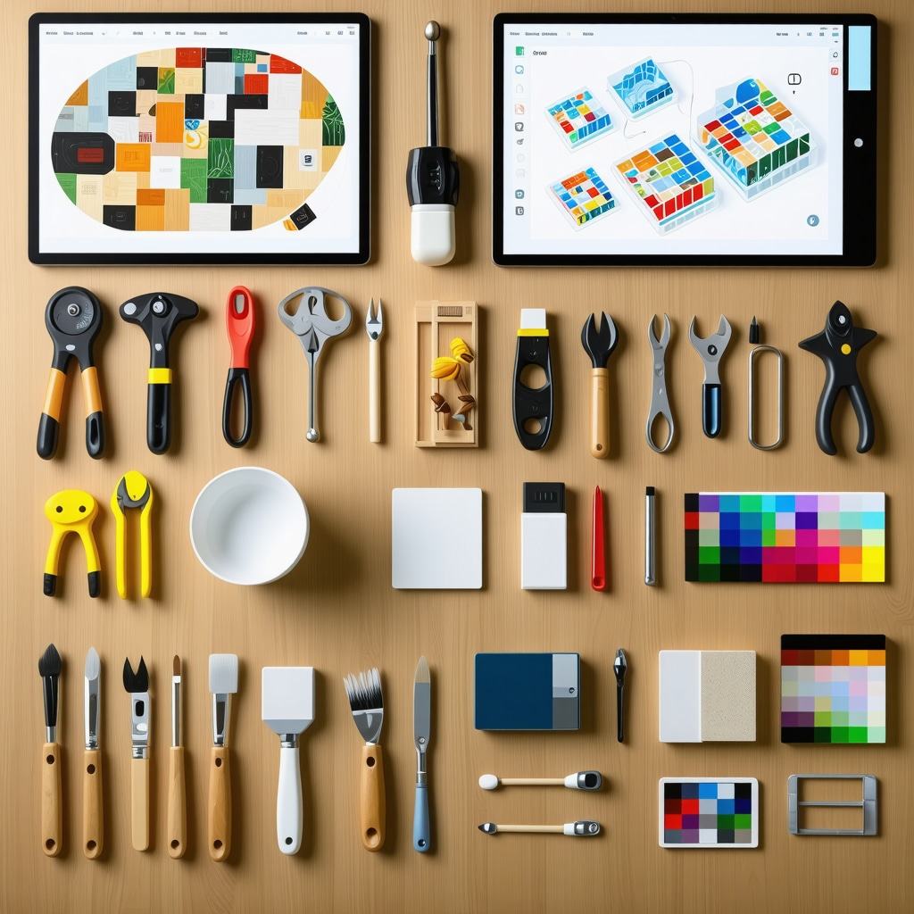 Workspace mit fortgeschrittenen DIY-Tools, digitalen CAD-Designs und nachhaltigen Materialien