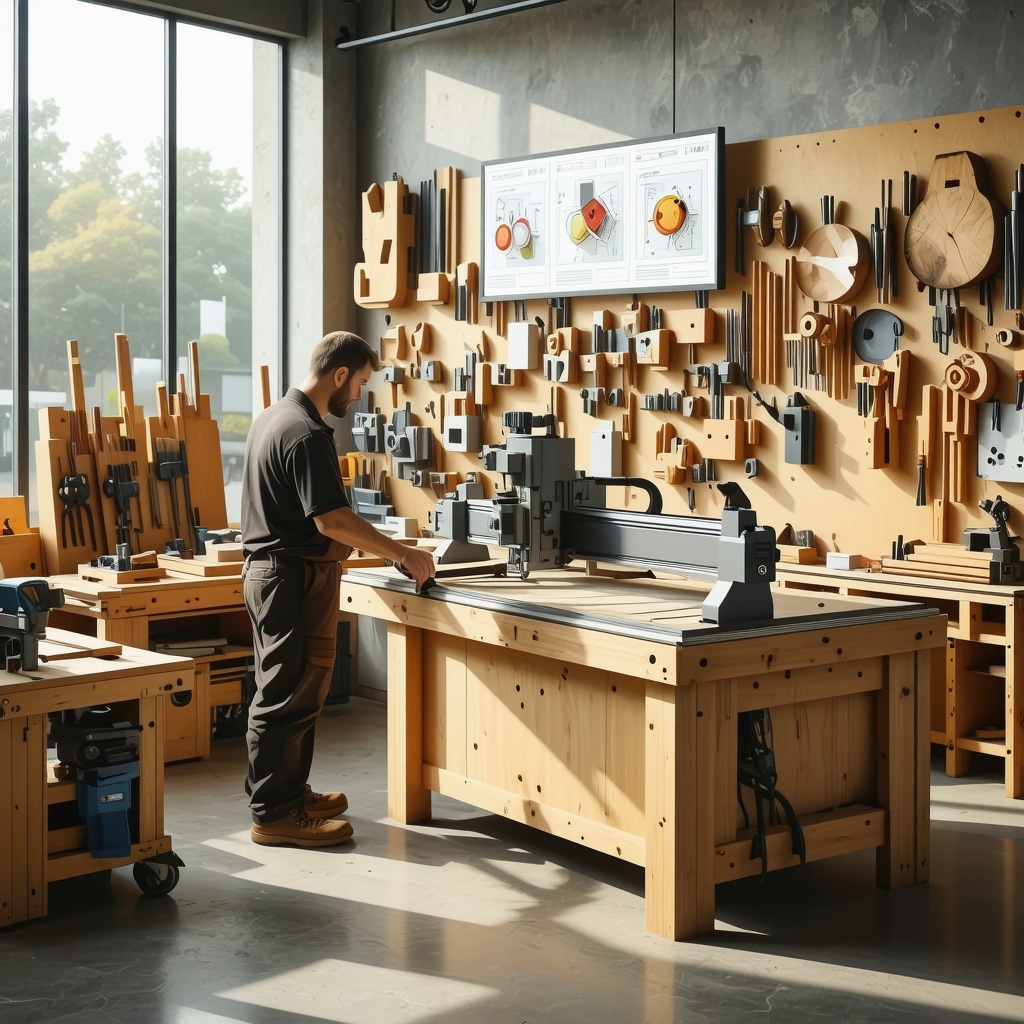 Craftsman working with CNC machine and sustainable materials in a modern DIY workshop