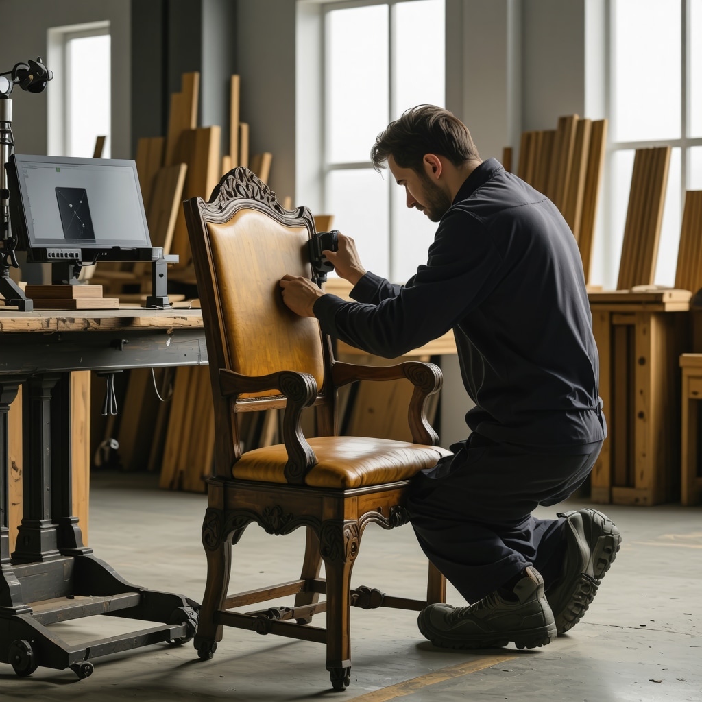 Professioneller Möbelrestaurator scannt antiken Holzstuhl mit 3D-Scanner und digitalen Farbtools