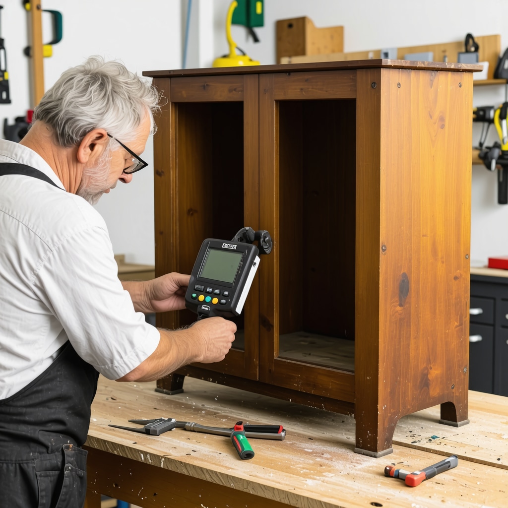 Furniture restorer employing digital colorimeter and woodworking tools on vintage wooden cabinet