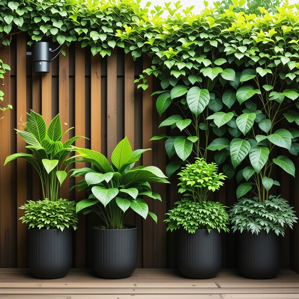 DIY garden featuring smart irrigation sensors and creative upcycled plant containers in vibrant greenery