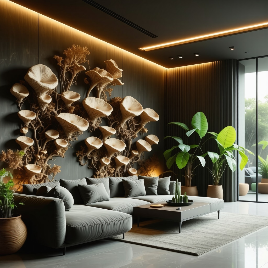 Eco-friendly DIY wall panels made from mycelium and textile hangings in a cozy modern living room
