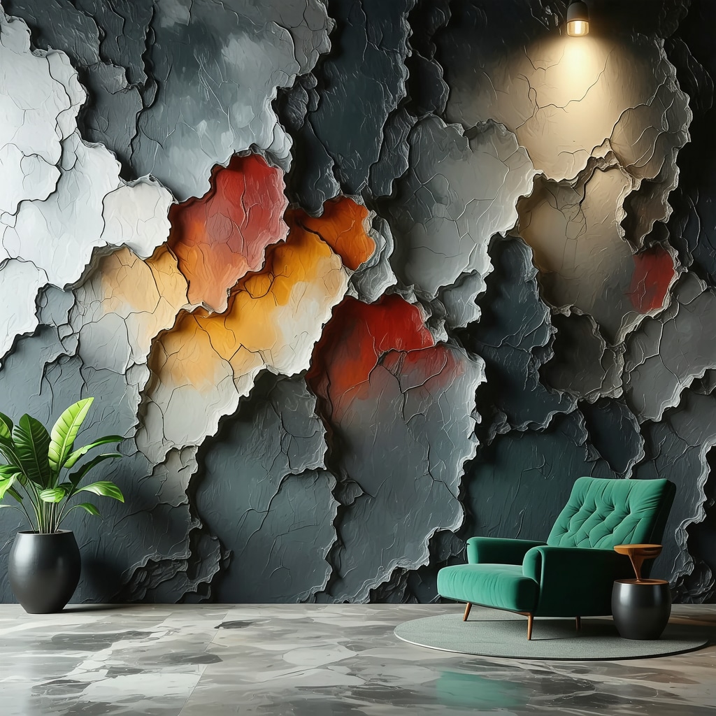 Interior wall with 3D texture and metallic paint effects illuminated by ambient and spotlights