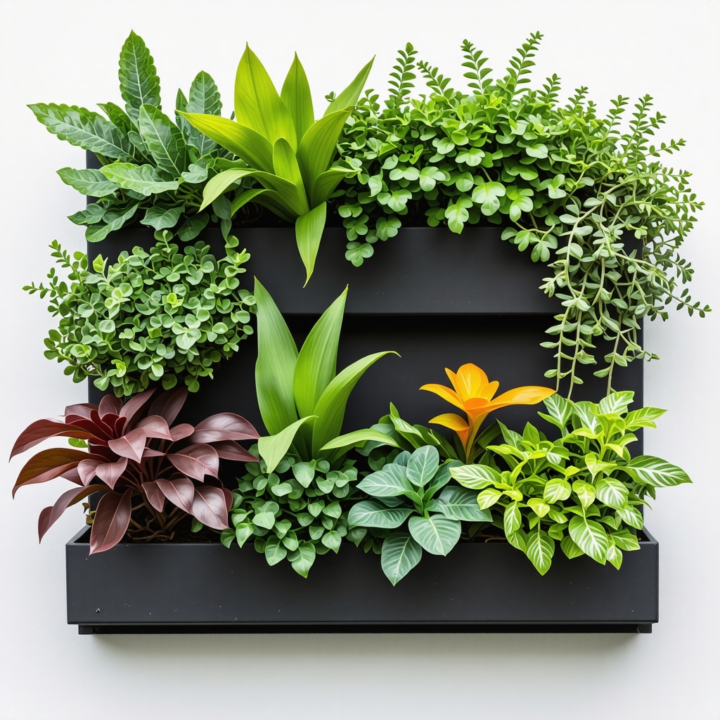 Vertikaler Garten mit Pflanzen und Smart-Gardening-Sensoren auf recyceltem Material