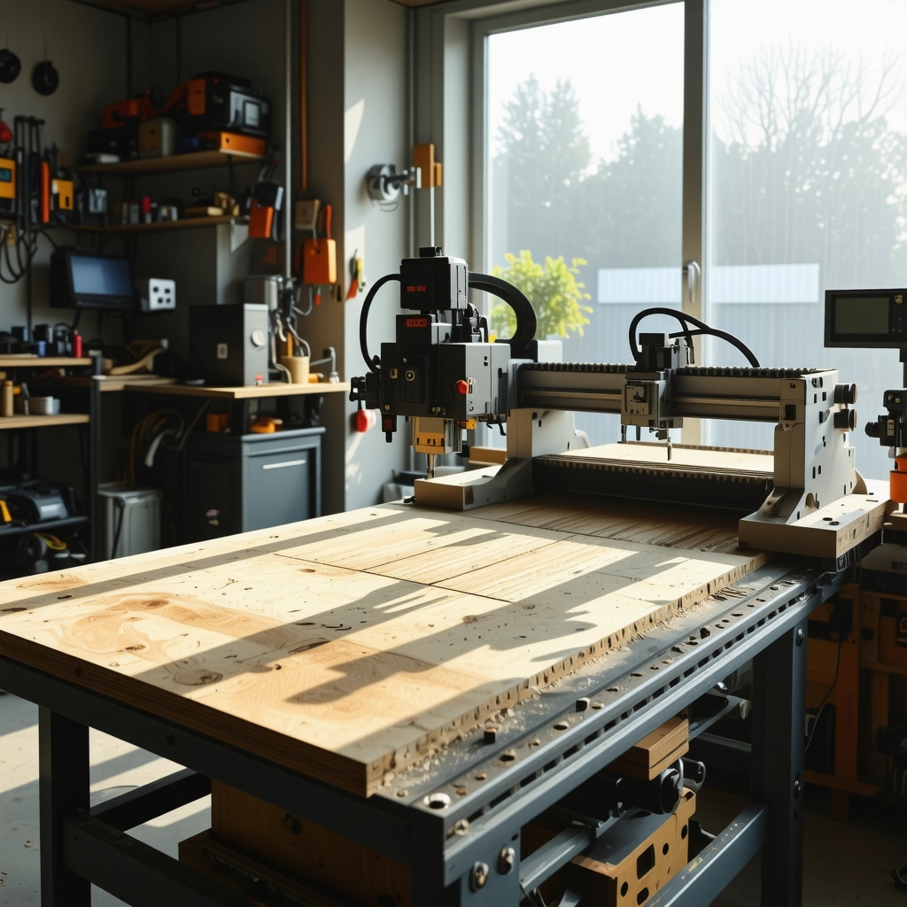 Modern DIY workshop showing laser measuring devices, CNC router, and 3D printer for precise woodworking