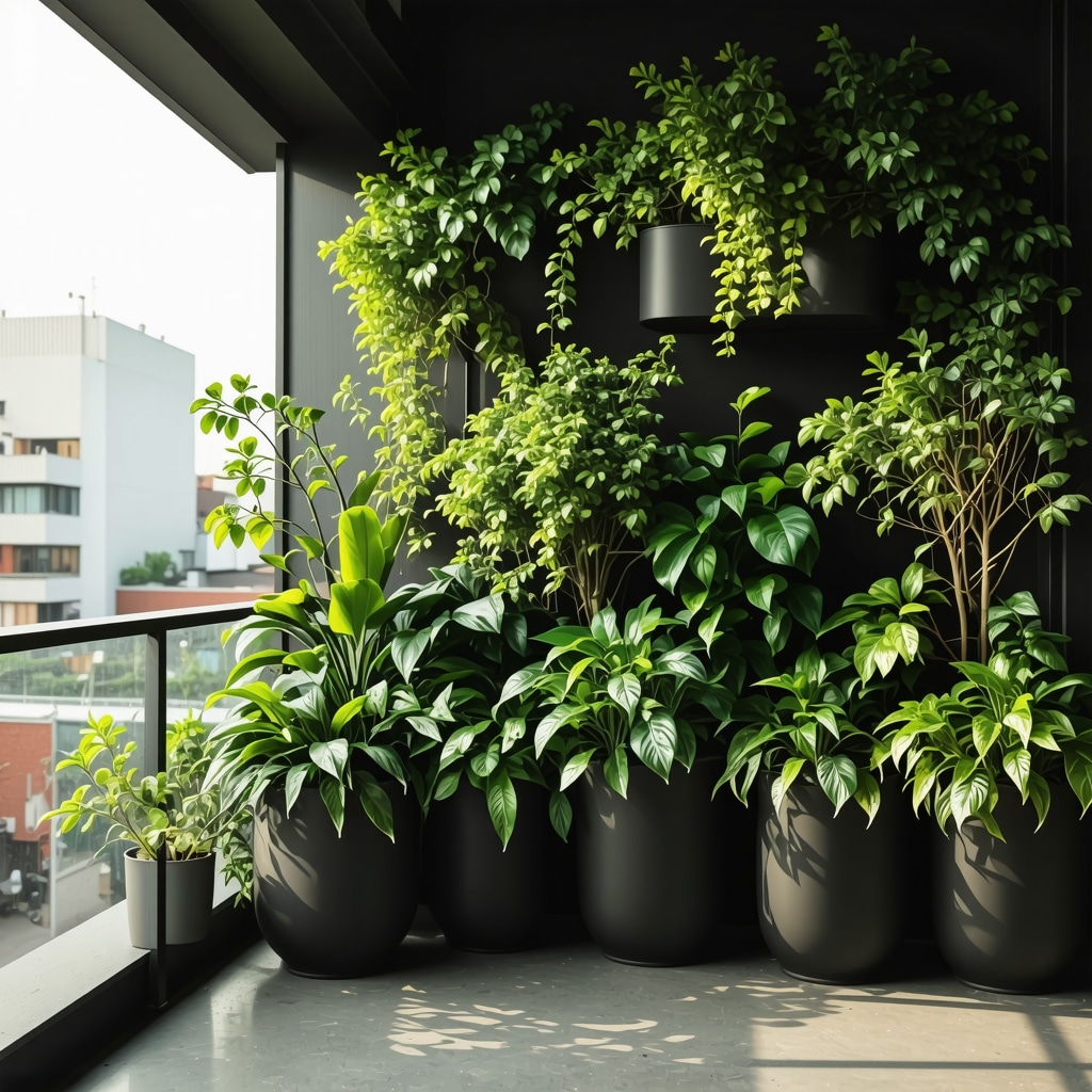 Urban balcony garden with diverse plants, smart sensors, and sustainable planters illustrating microclimate zones