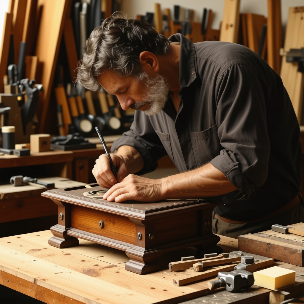 Craftsman restoring antique wooden furniture using advanced traditional and modern techniques in workshop