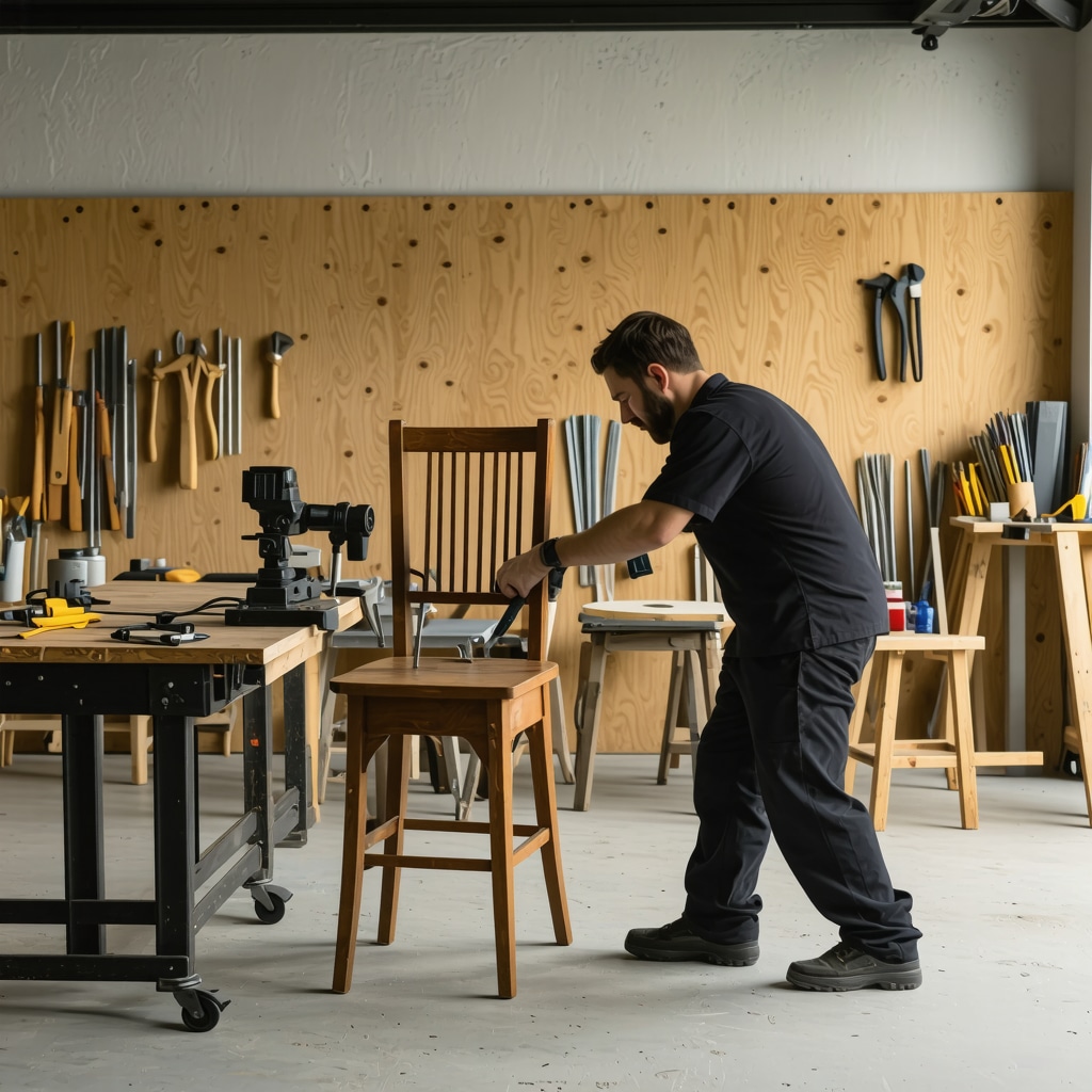 Craftsman restoring antique wooden chair with hand tools and digital 3D scanner in workshop