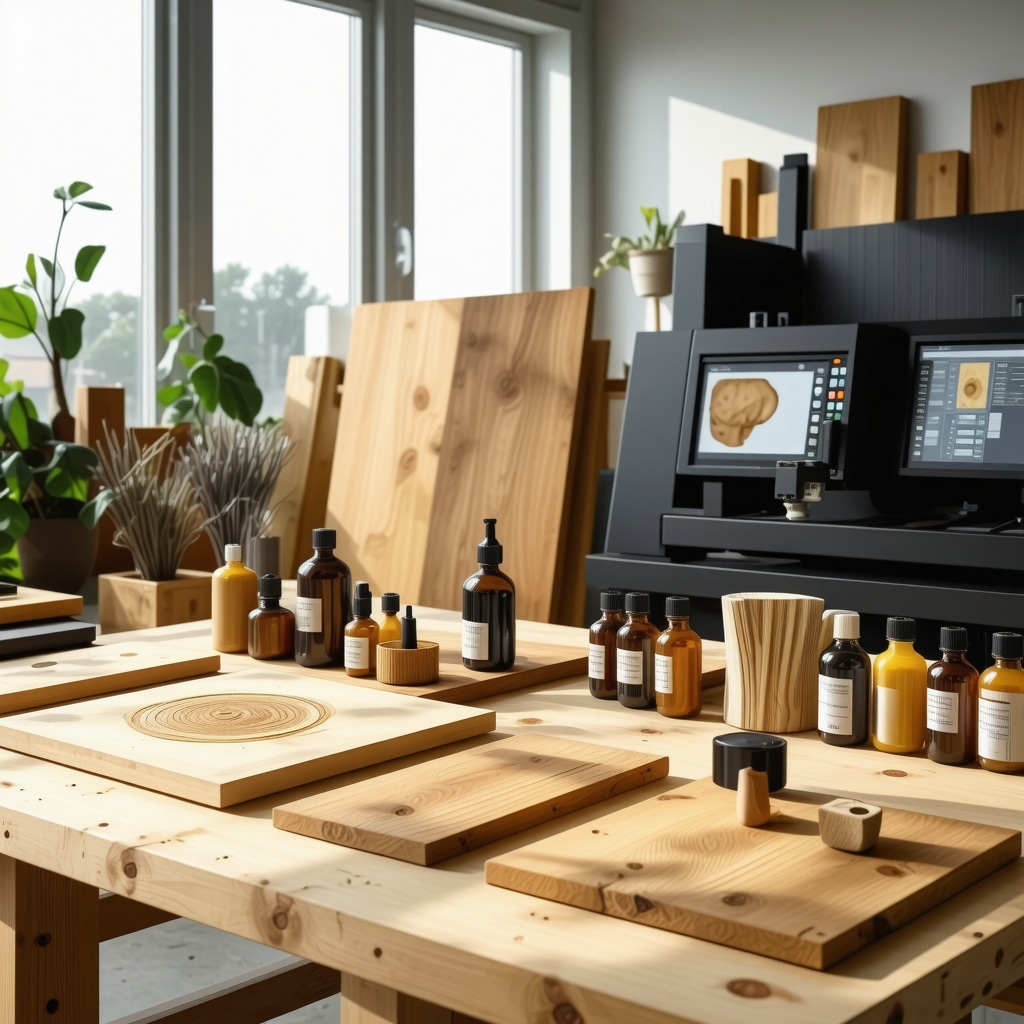 Workshop with CNC machines and screens for digital wood upcycling design, natural wood oils and eco-friendly coatings