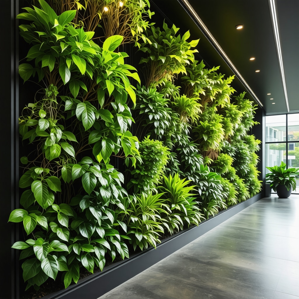 Vertical garden with native plants and smart irrigation technology in an urban environment