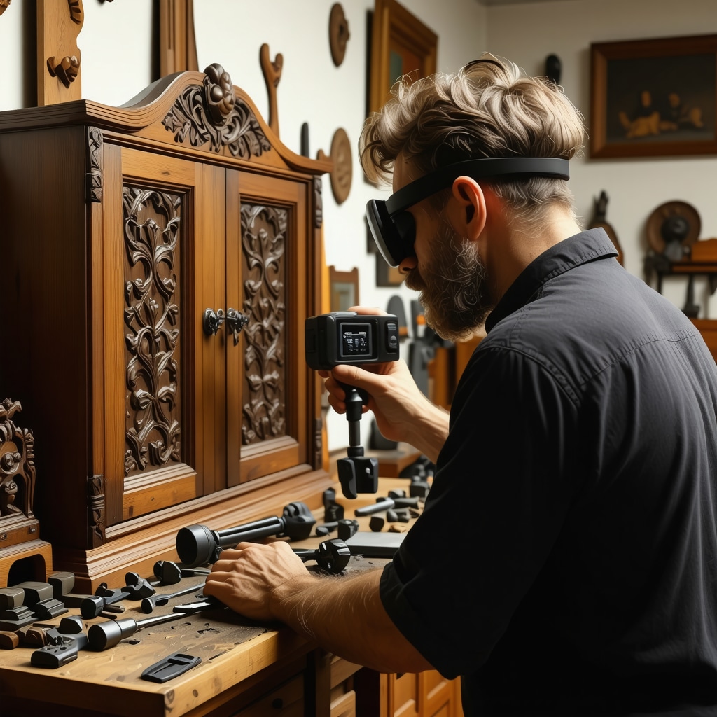 Craftsman using augmented reality in furniture restoration workshop with antique wooden cabinet and modern tools