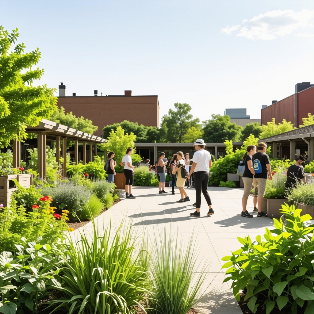 Urban community garden with smart irrigation, native plants, insect habitats, compost bins, and people collaborating