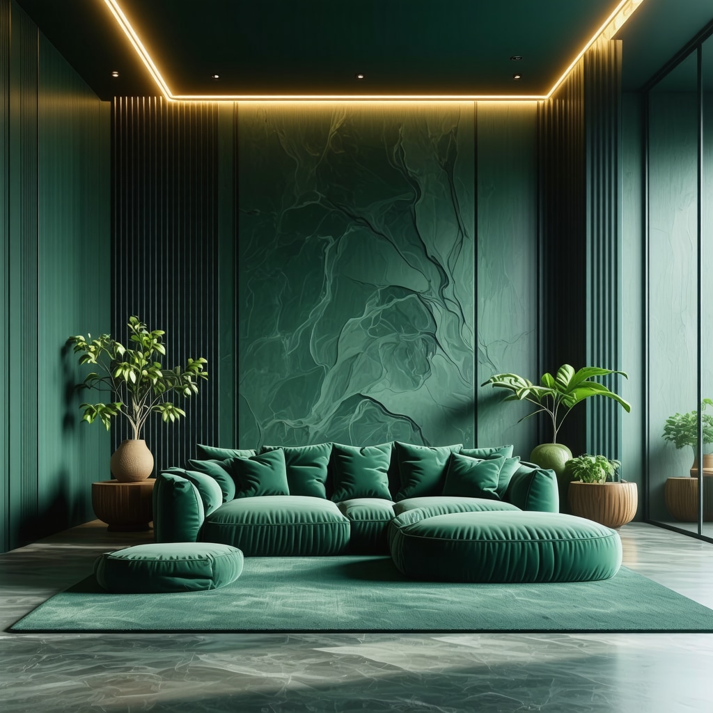 Room interior with smart color-changing wall coatings and textured paint effects under dynamic lighting