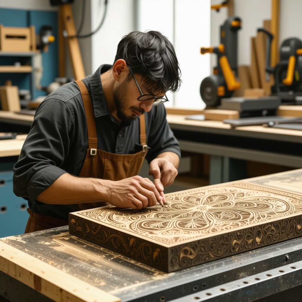 Craftsman using laser engraving machine to decorate wooden furniture with intricate patterns