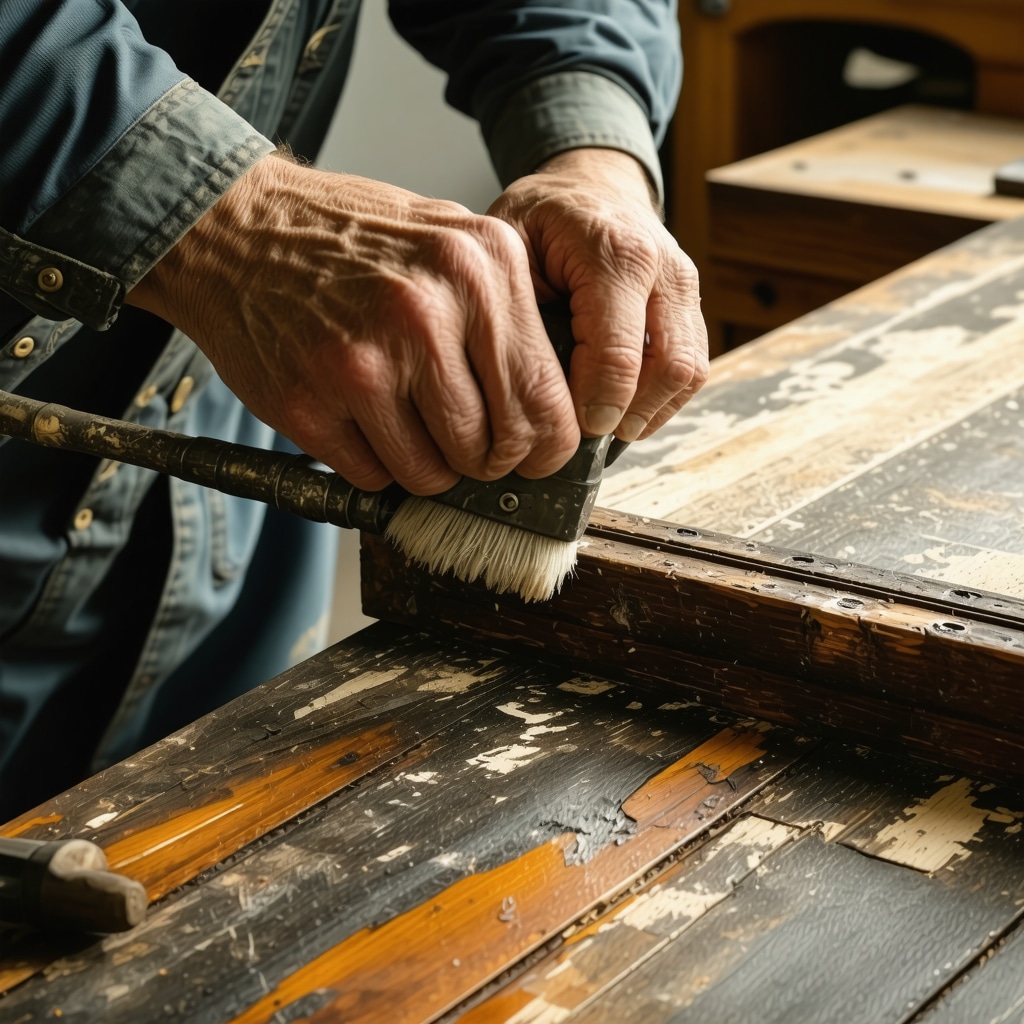 Skilled craftsman using microabrasion tools to restore antique wooden furniture surface