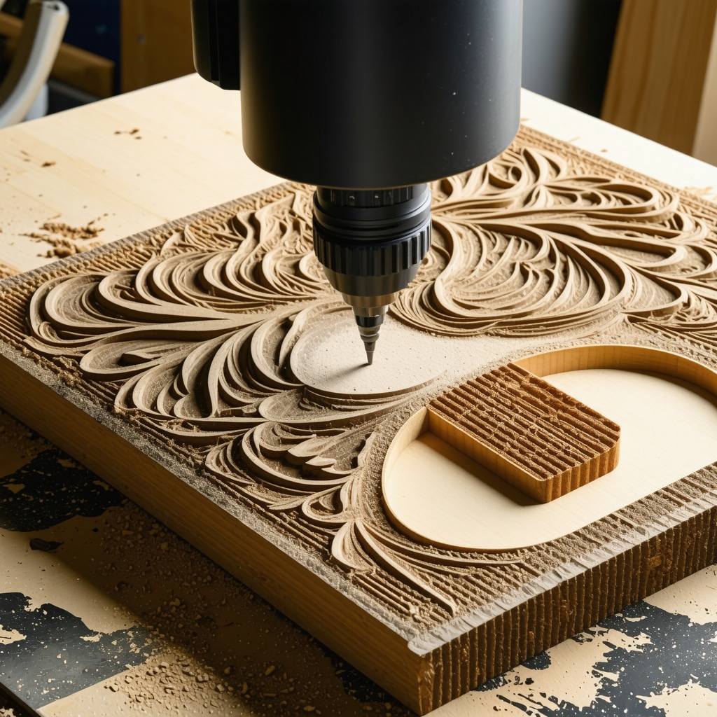 CNC machine carving detailed patterns on reclaimed wood in a sustainable workshop setting
