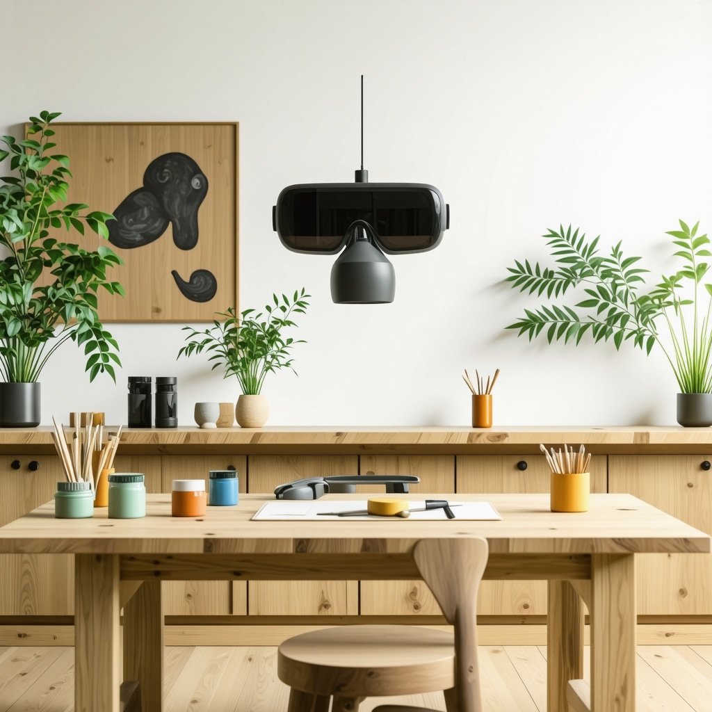 A bright, organized home workshop with smart power tools, AR devices, natural paint cans, and bamboo wood pieces