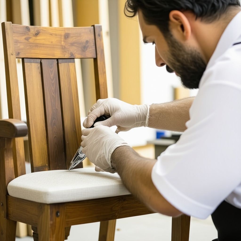 Craftsman applying nanotechnology protective coating on antique wooden furniture