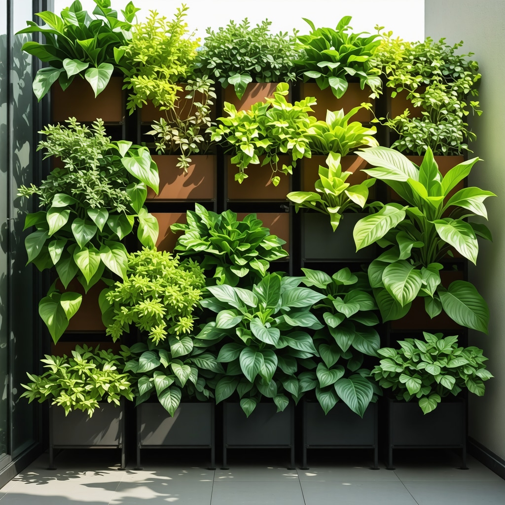 Urban balcony featuring vertical garden systems, recycled wooden planters, and microclimate monitoring devices
