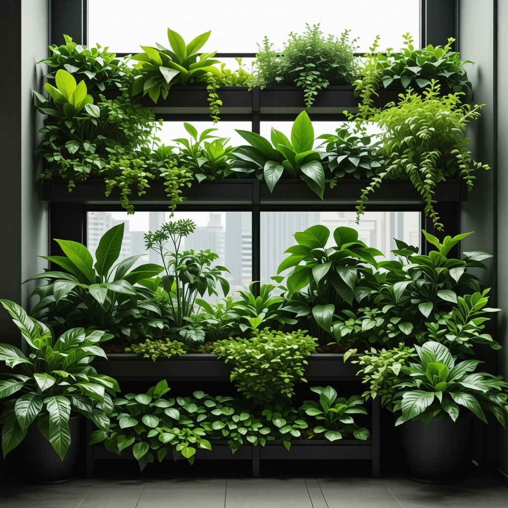 Urban balcony featuring smart sensors, automated watering, and diverse plants in innovative substrates