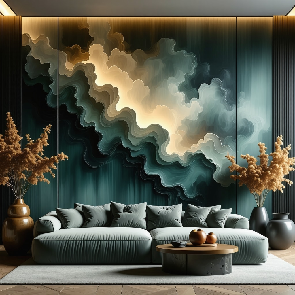 Wall painted with layered glaze technique illuminated by smart LED lights showcasing color depth and texture