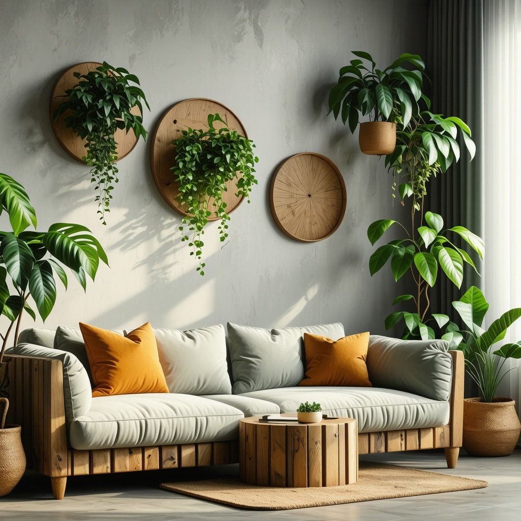 Cozy living room with upcycled wood decorations and green plants illustrating sustainable interior design