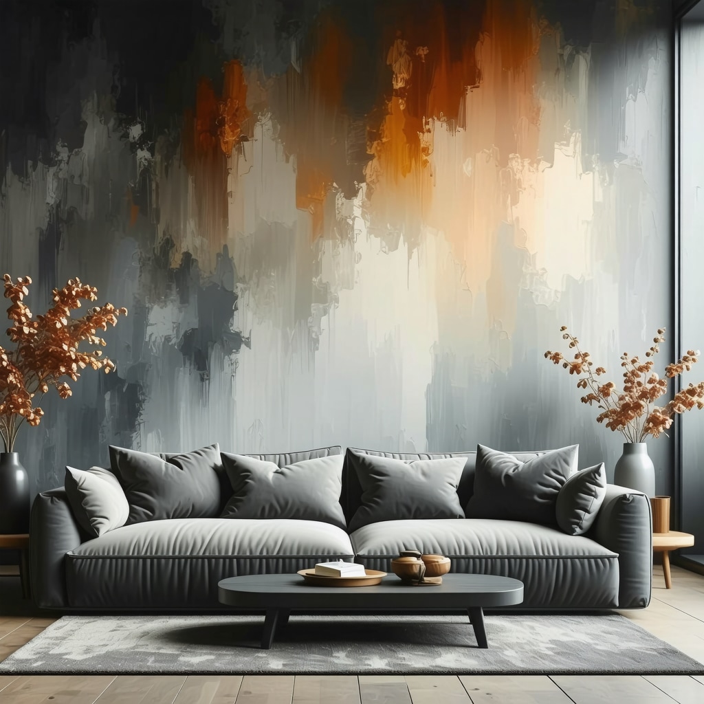 Living room wall with ombre gradient, textured plaster and metallic accents