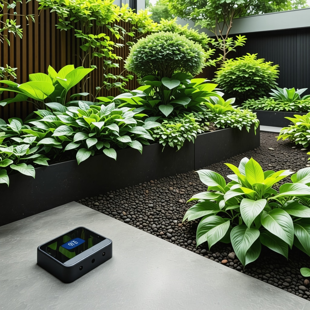 Modern garden featuring smart soil sensors alongside diverse plants and composting areas