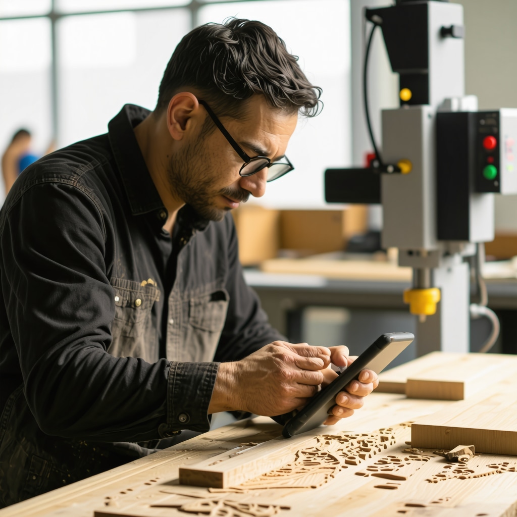 Artisan crafting wood furniture using digital tablet and CNC machine with sustainable wood finishes