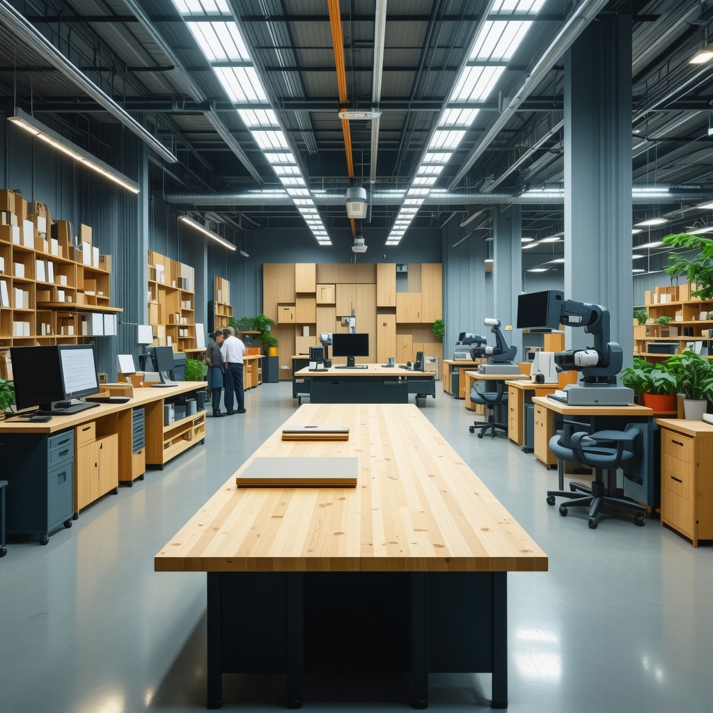 Werkstatt mit CNC-Maschinen, CAD-Displays und nachhaltigen Materialien für digitalen Möbelbau