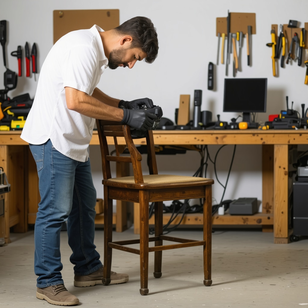 Restaurator scannt antiken Holzstuhl mit moderner 3D-Technologie im Workshop