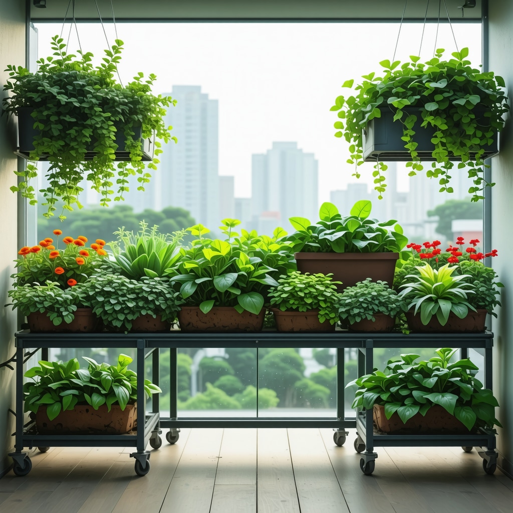 Urban balcony garden featuring smart technology and diverse sustainable plants