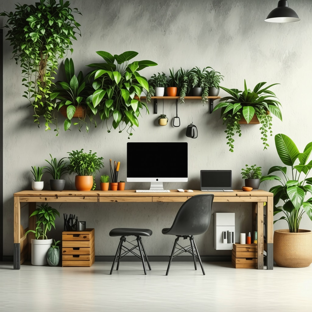 DIY workspace featuring eco-friendly materials, modular furniture, and vertical garden elements