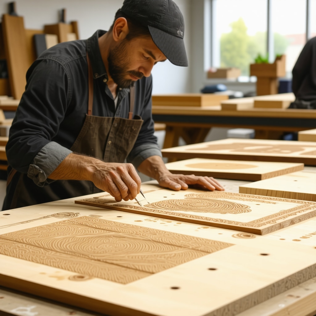 Craftsman using laser engraving and CNC machines on wood with eco-friendly finishes in a modern workshop