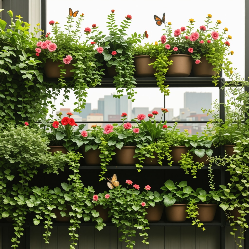 A lush urban balcony with native flowering plants, attracting pollinators, featuring vertical gardens and insect habitats