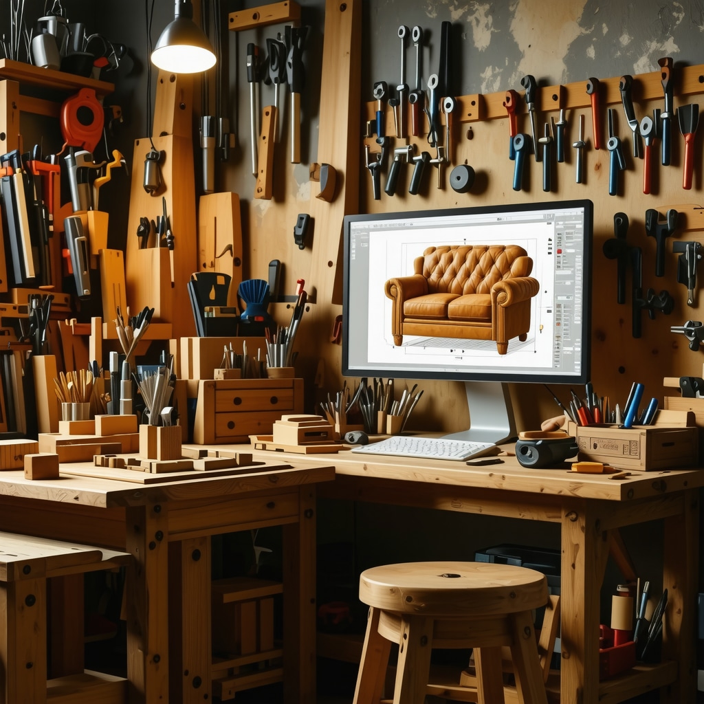 Woodworking workshop featuring tools, carved wood pieces, and a computer showing 3D CAD furniture design