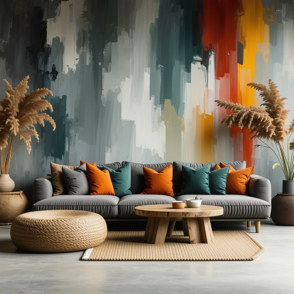 Living room featuring textile upcycled cushions, CNC-crafted wooden furniture, and walls with layered natural pigment paint