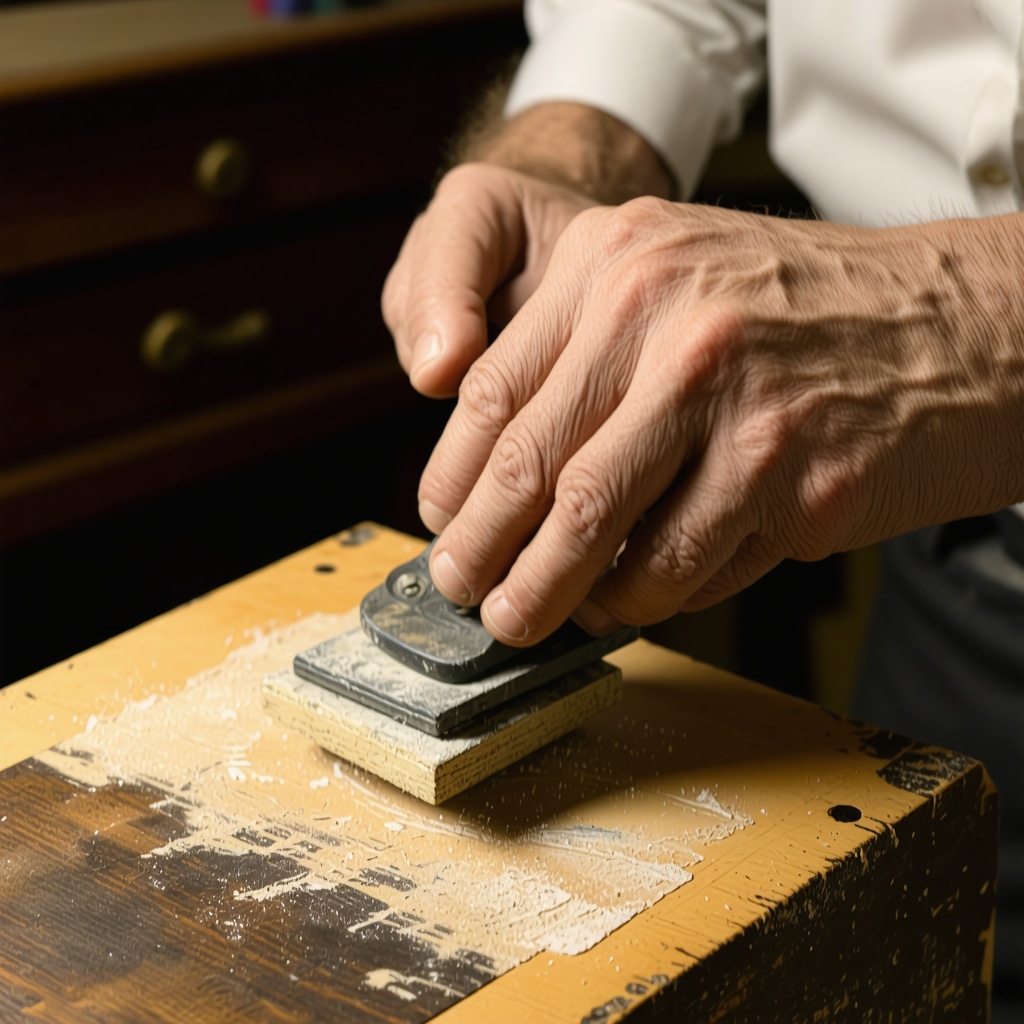 Handwerker bei der feinen Oberflächenbearbeitung eines antiken Holzmöbels mit Schleifpapier und Polierpad