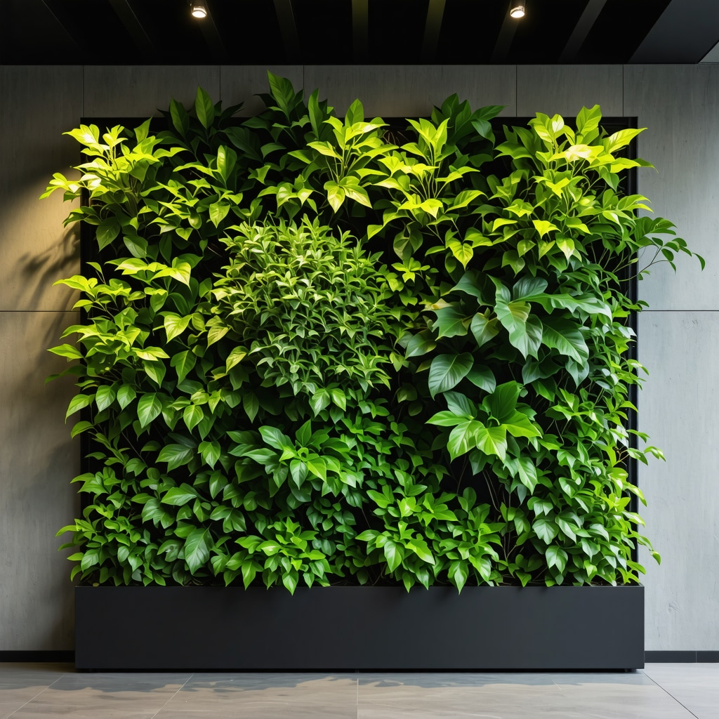 Vertikale Gartenwand mit nachhaltigen Pflanzen in urbanem Balkonsetting