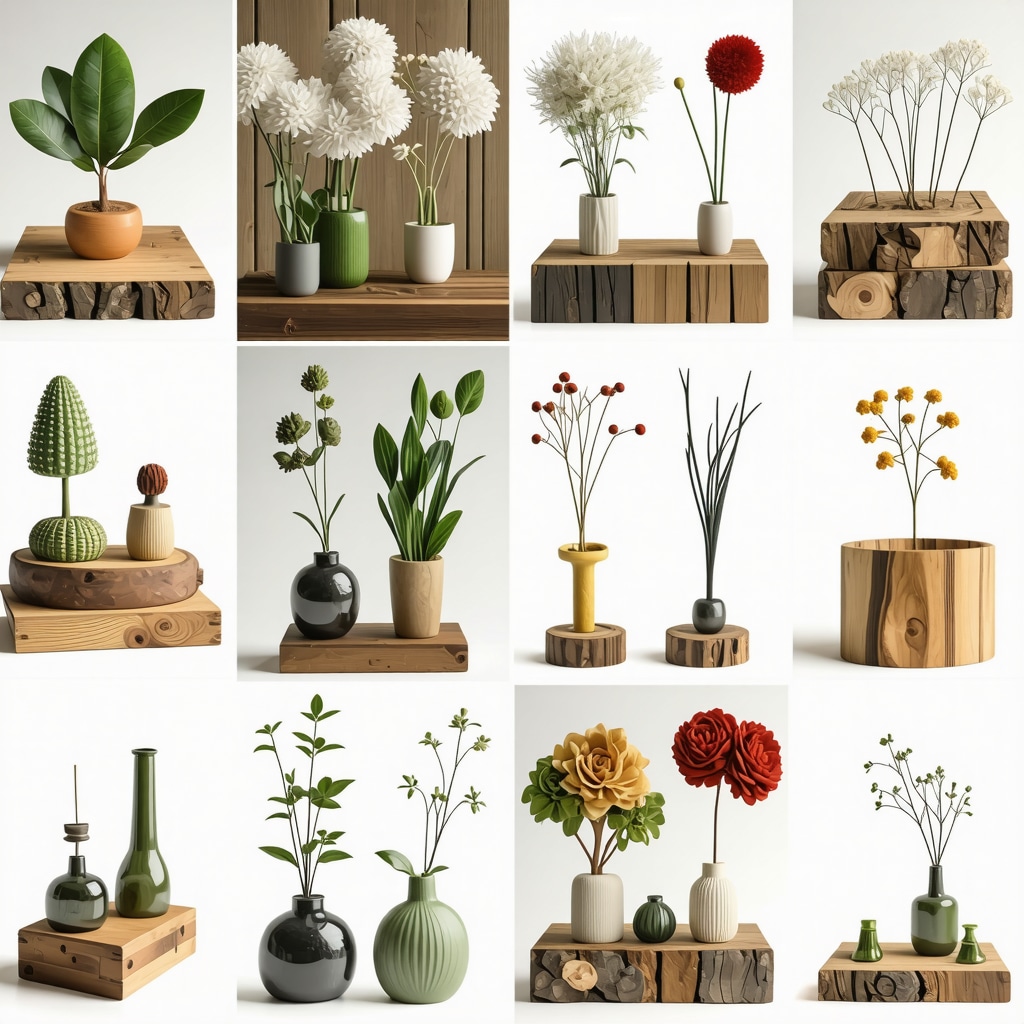 Collage of various upcycled furniture and decorations made from recycled wood and natural materials