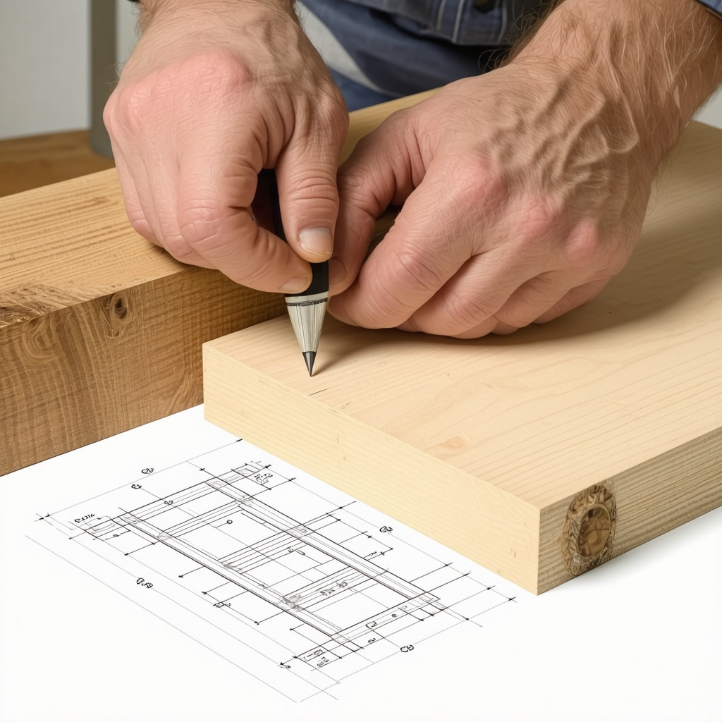 Hand assembling wooden furniture with advanced joinery and digital CAD plans in background