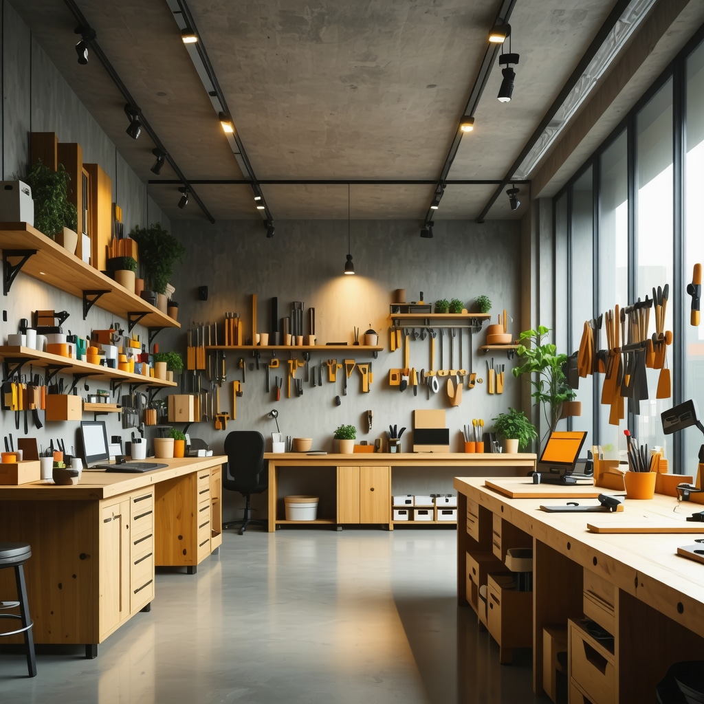 Contemporary workshop featuring digital and eco-friendly woodworking tools.