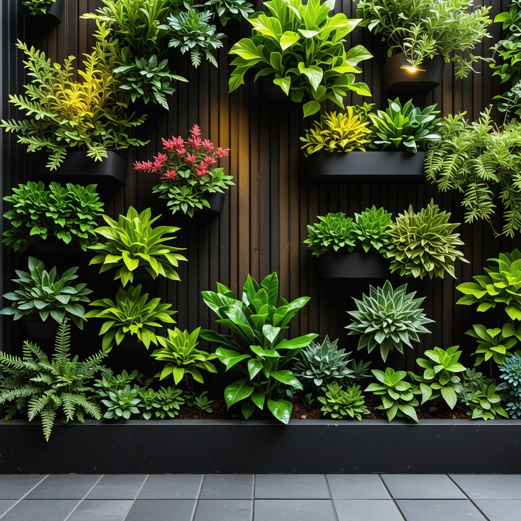 Urban vertical garden with smart irrigation system and warm solar lights in the evening